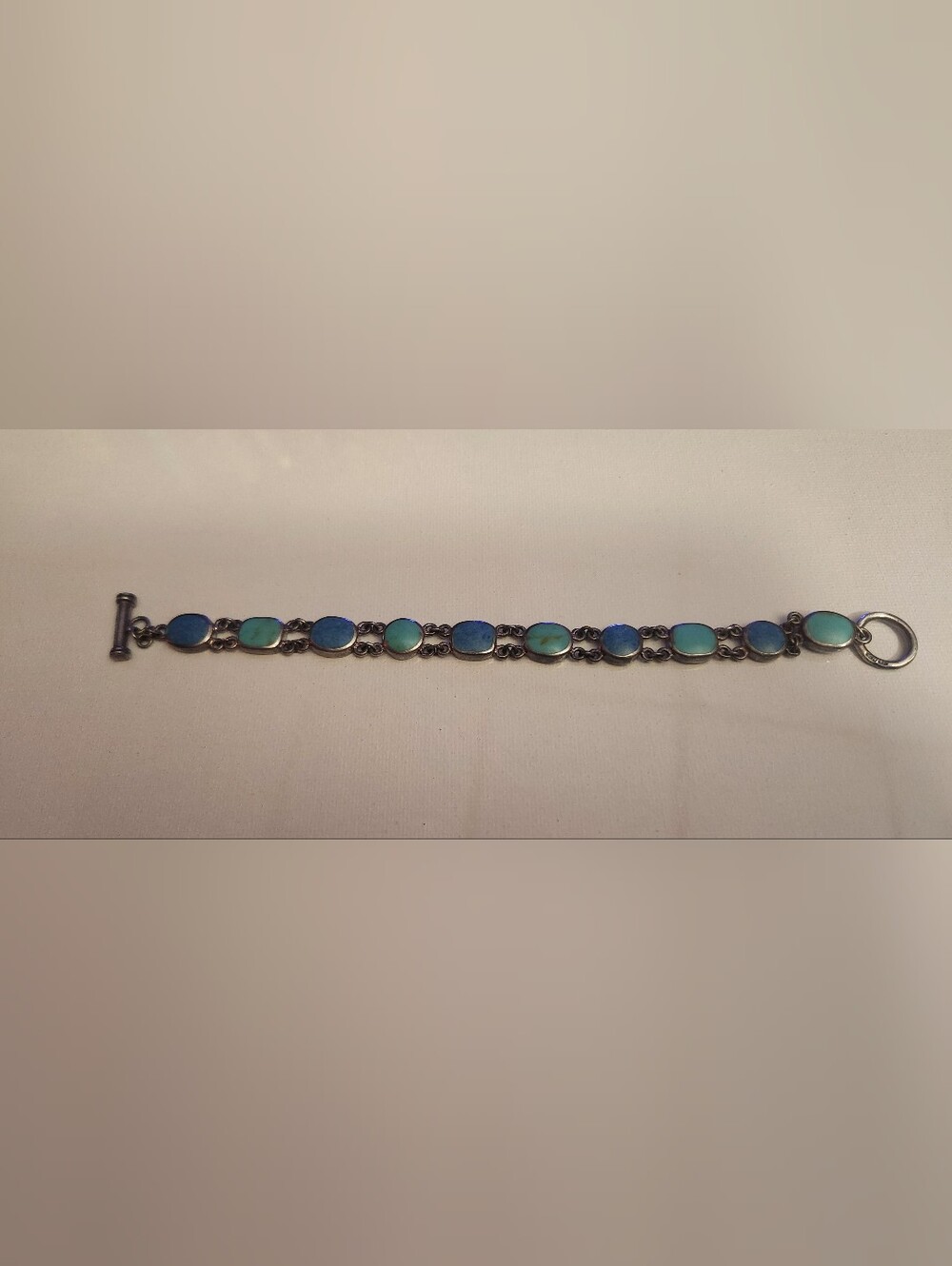 Vintage 925 Sterling Silver Turquoise Stone Link Bracelet - Blue Green Gemstone